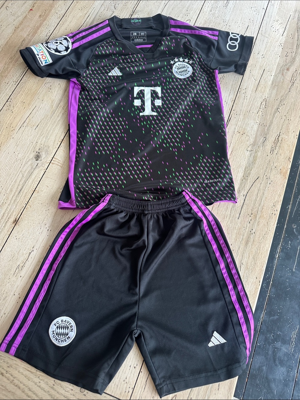 adidas Kids FC Bayern Jersey & Shorts – Black with Purple Accents